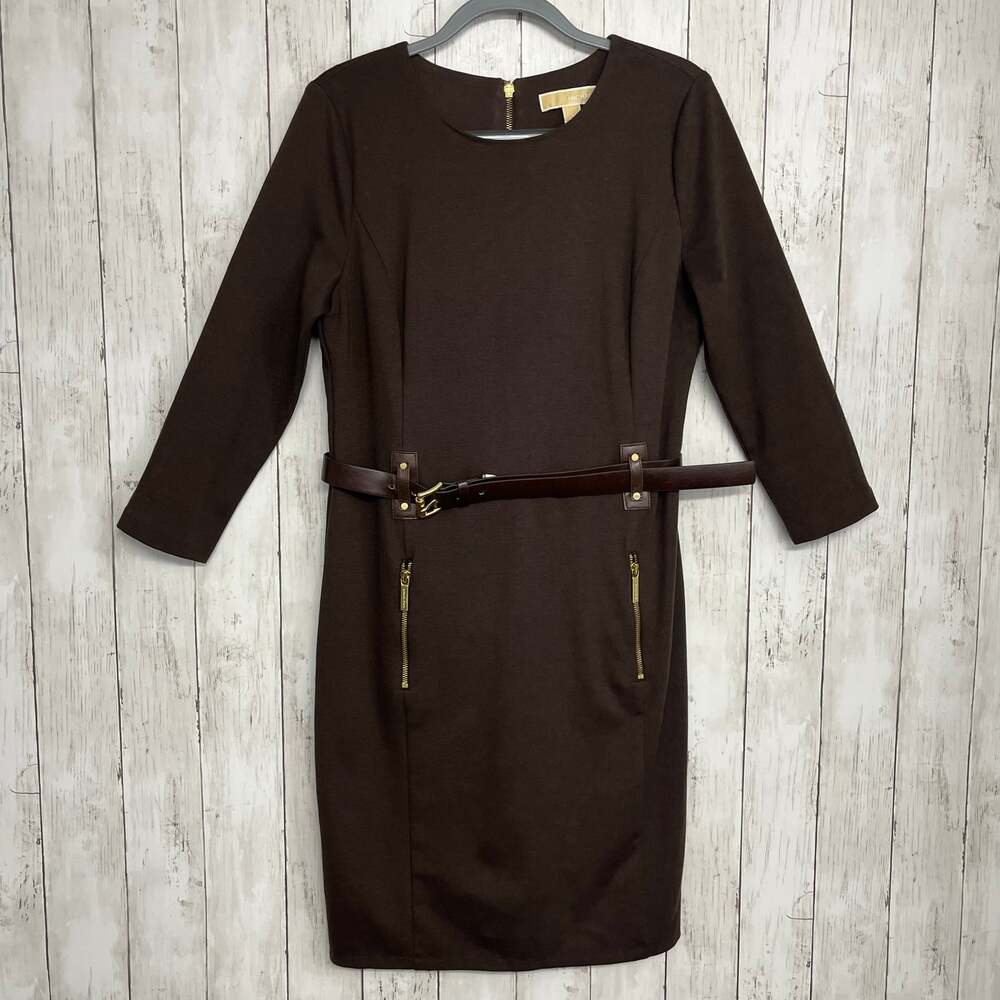 Michael Kors Brown Heavy Knit Belted Midi Dress Gold Zip Quiet Luxury Chic Large